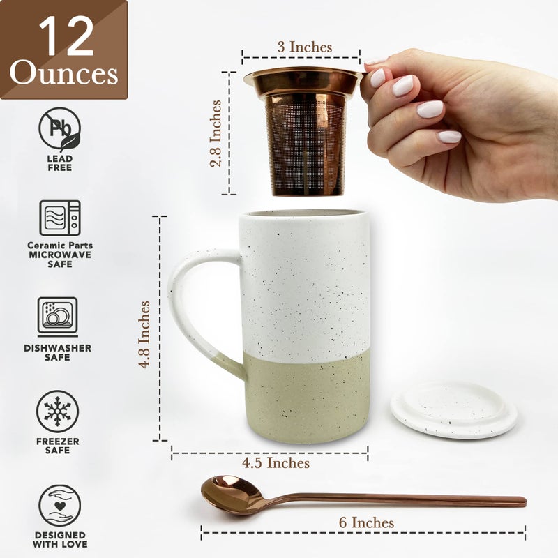 Mora Ceramics Tea Cup with Loose Leaf Infuser, Spoon and Lid, 12 oz, Microwave and Dishwasher Safe Coffee Mug - Rustic Matte Ceramic Glaze, Modern Herbal Tea Strainer - Great Gift for Women, Limestone - Image 2